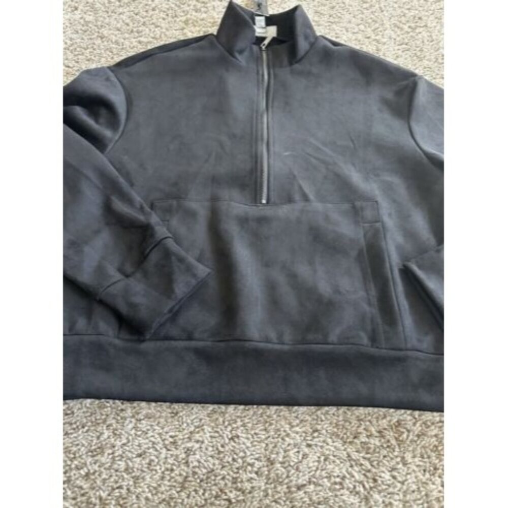 T Tahari Sweater Womens Small Black  Pullover  Suede Feel Pocket Kangaroo Pouch
